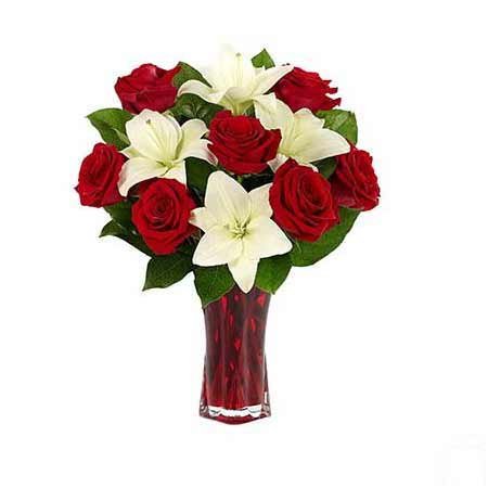 Lilly & Red Roses in Vase